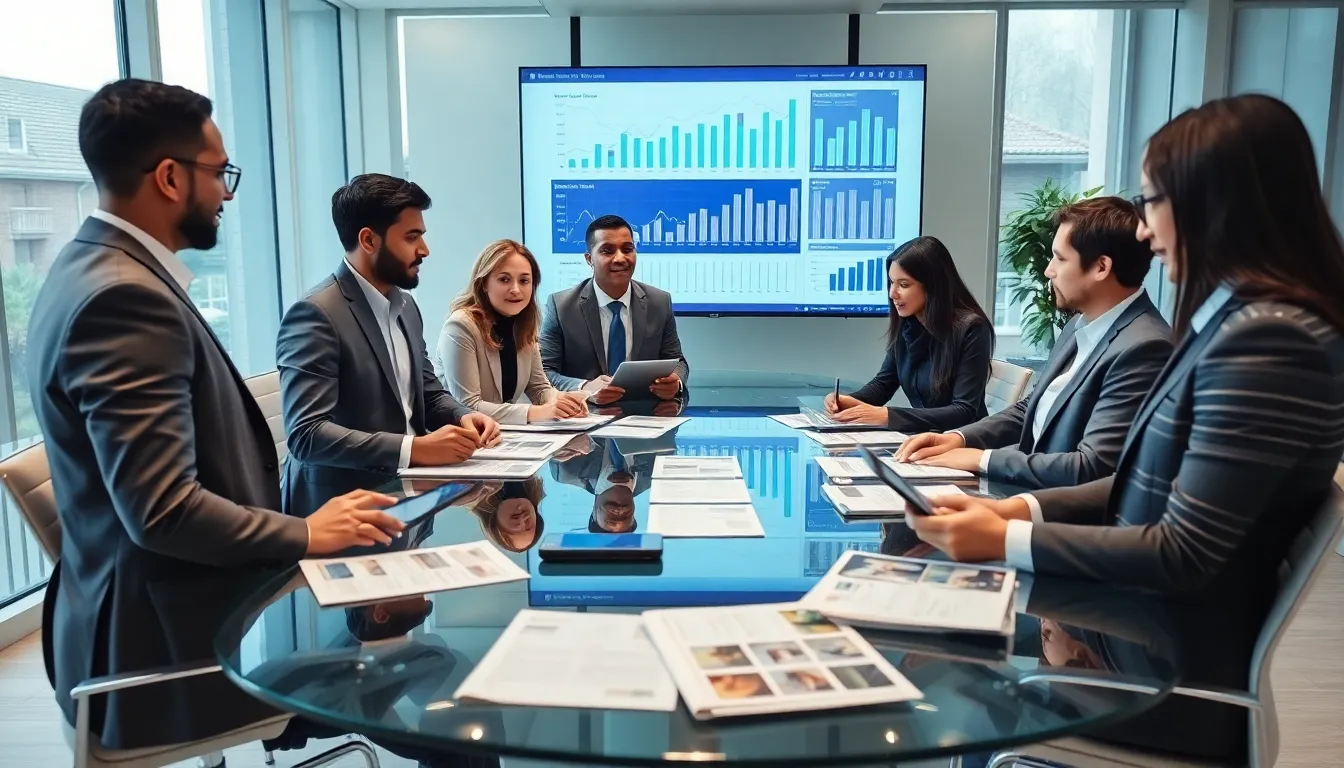 real estate agents discussing newsletters in a modern office.