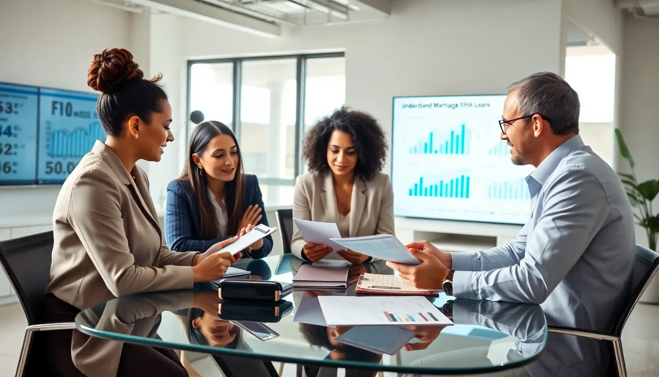 diverse team discussing FHA loans in a modern office.