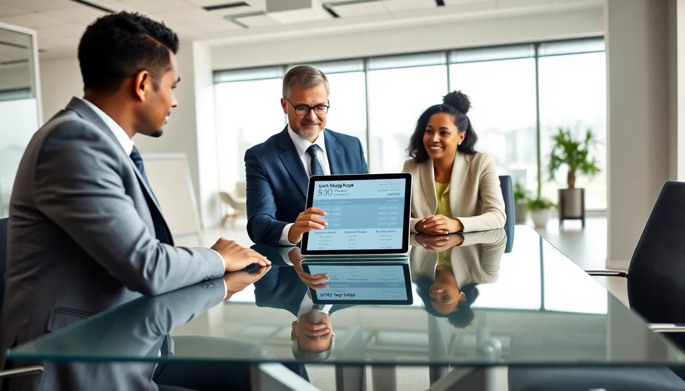financial advisor assisting diverse couple with mortgage rate options.