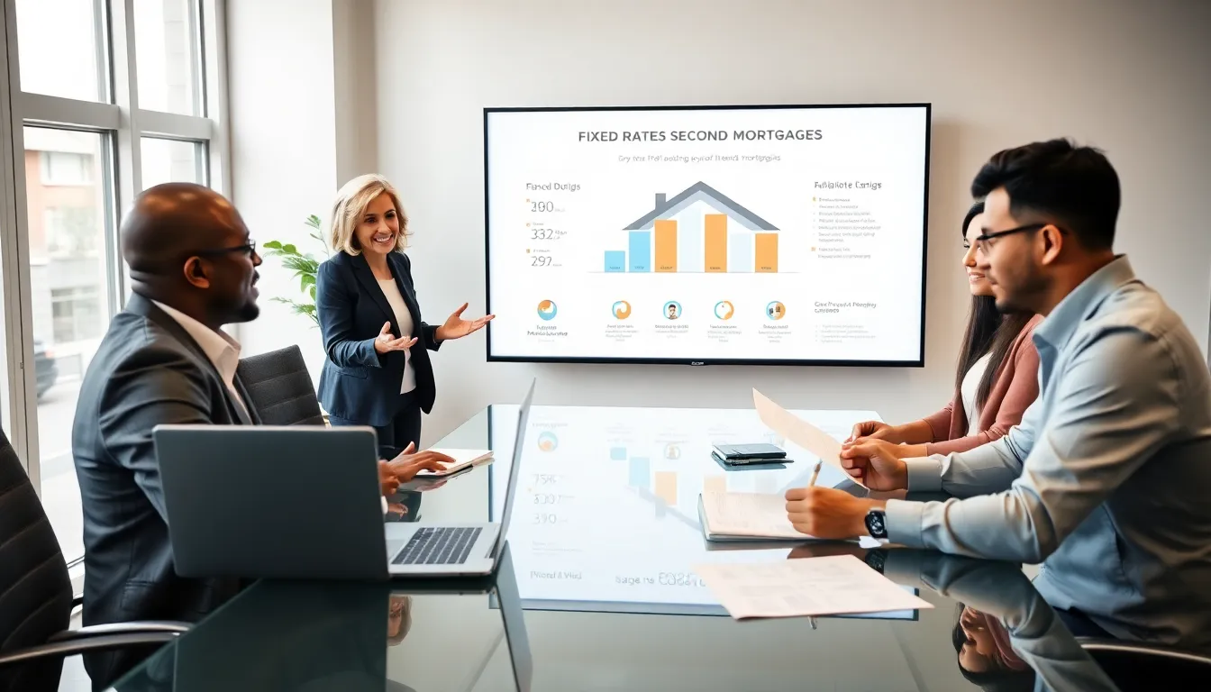 diverse team discussing fixed rate second mortgage in a modern office.