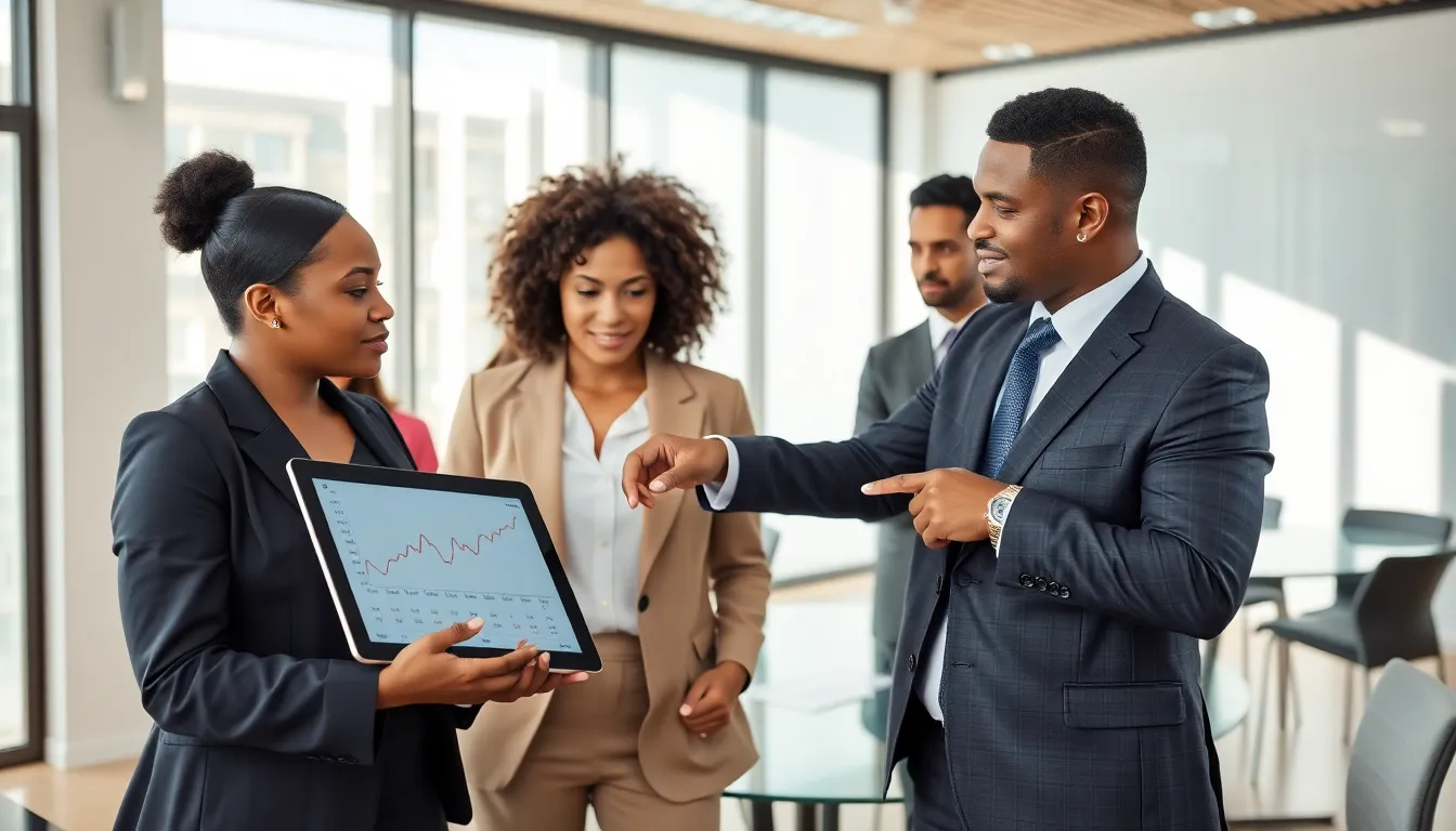 diverse professionals discussing mortgage rates in a modern office.