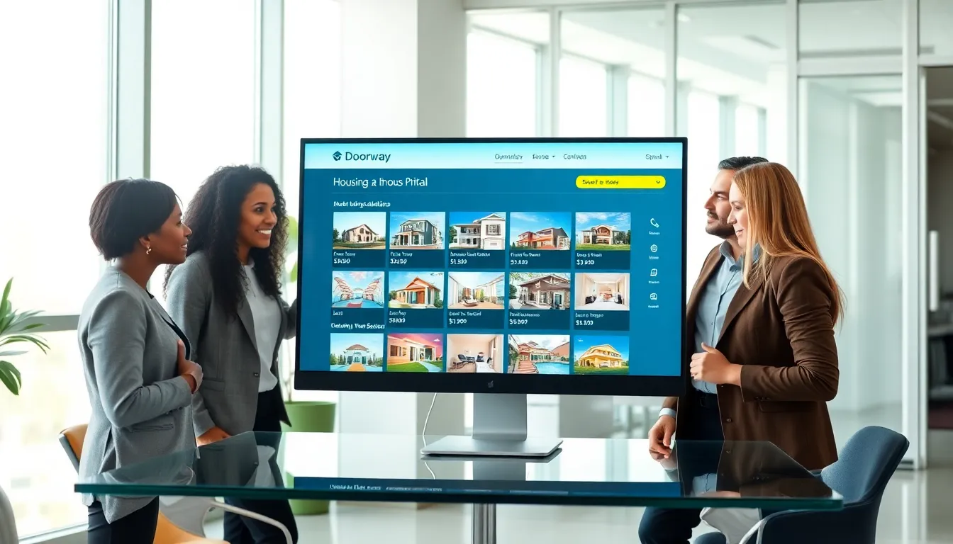 diverse team discussing a housing portal interface in a modern office.