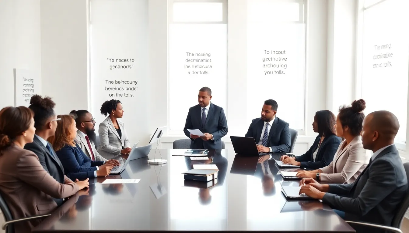 diverse professionals discussing housing discrimination in a modern office.