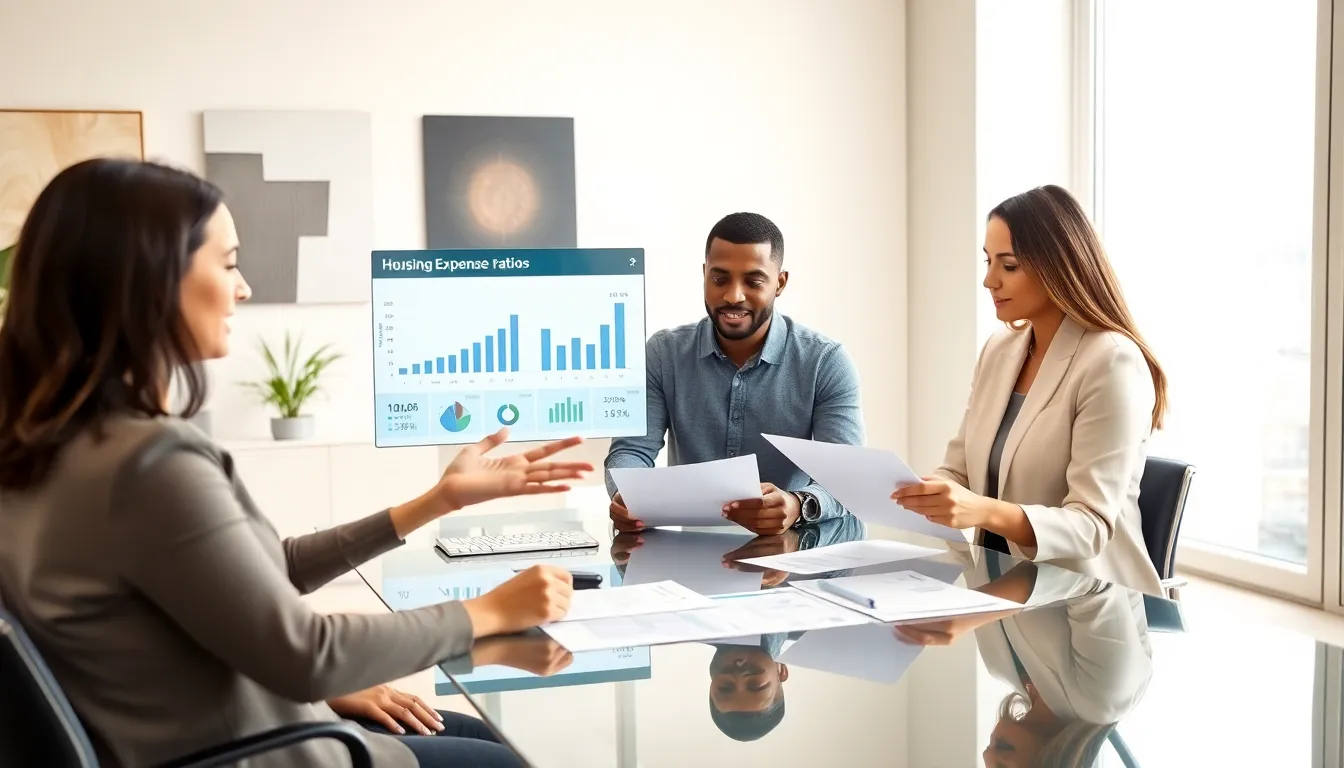 professionals discussing housing expense ratios in a modern office.