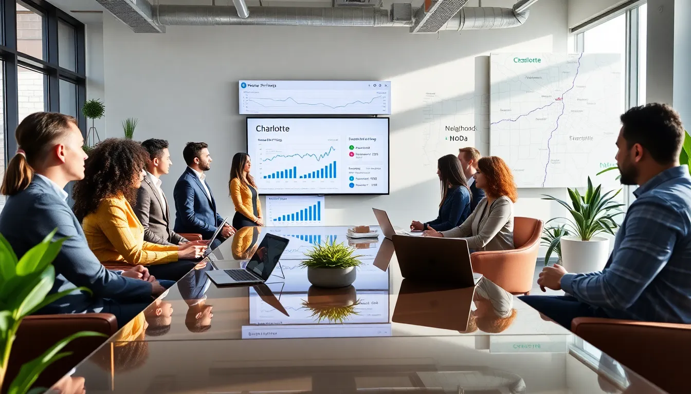 diverse real estate team discussing market trends in a modern office.