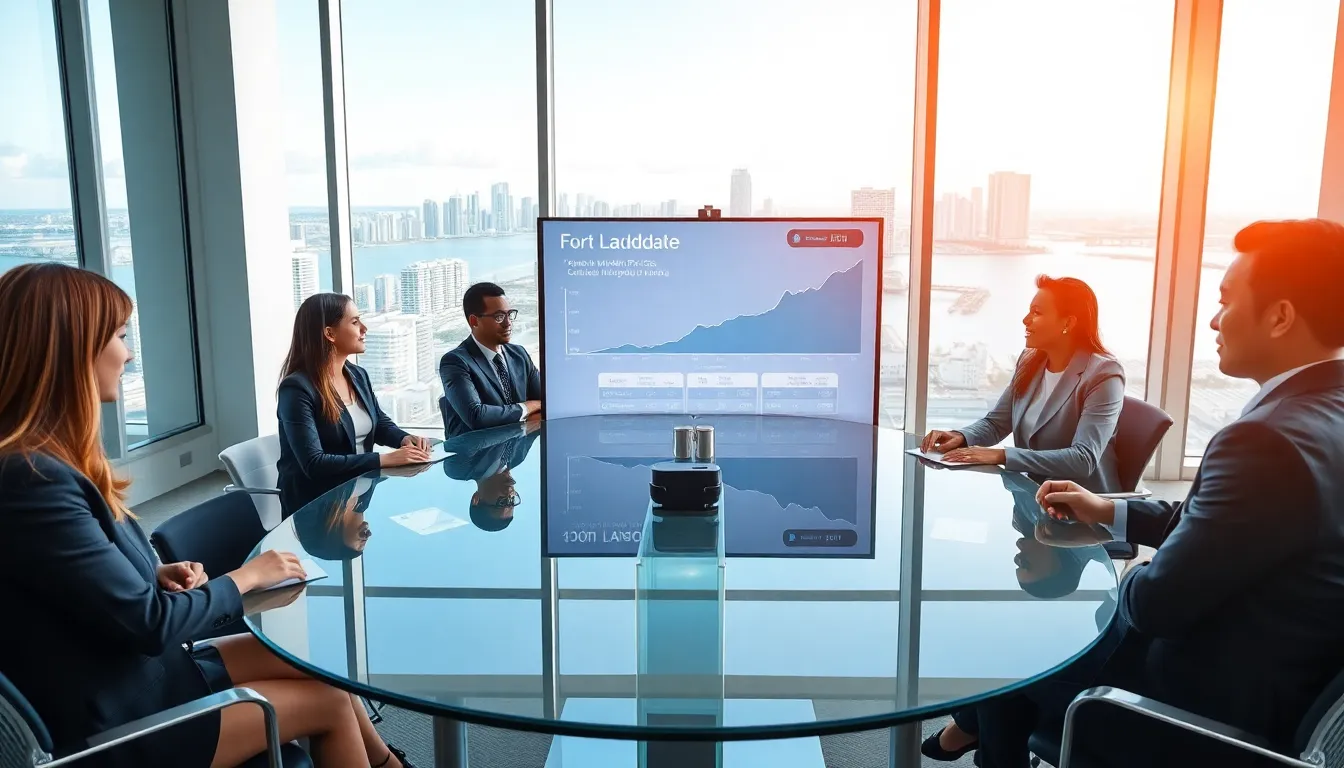 diverse real estate team meeting in a modern office with city view.