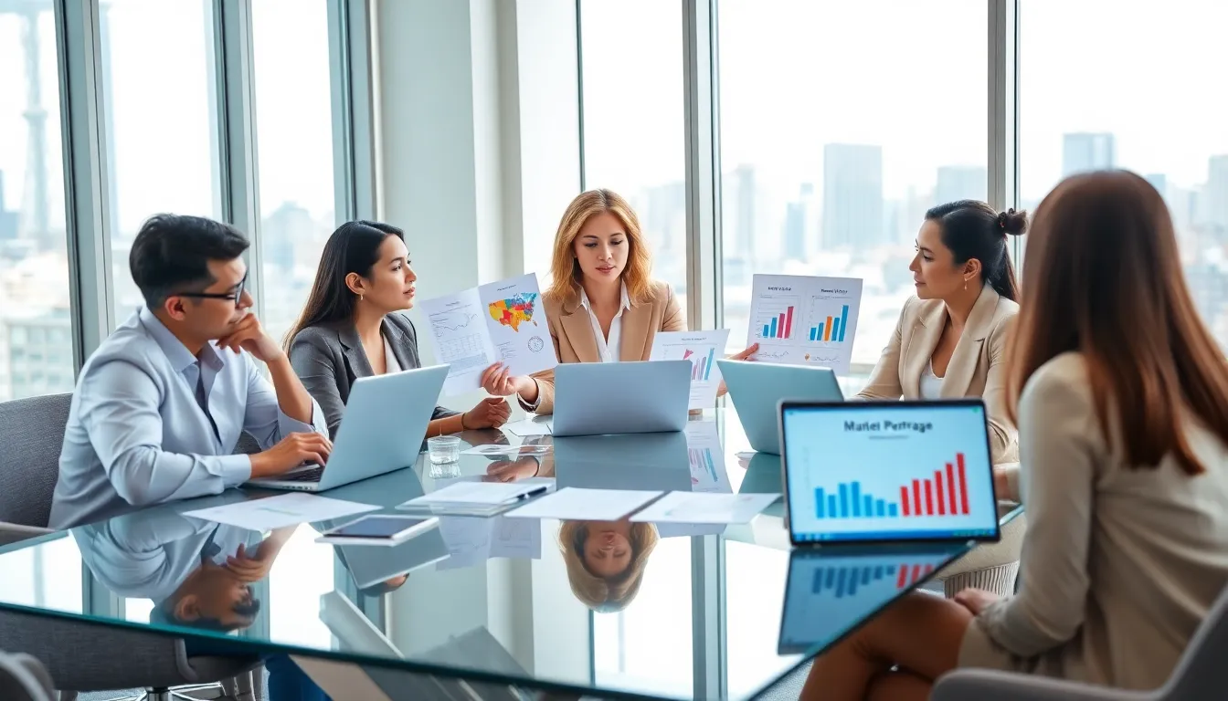 diverse mortgage advisory team discussing fixed-rate loans in an office.