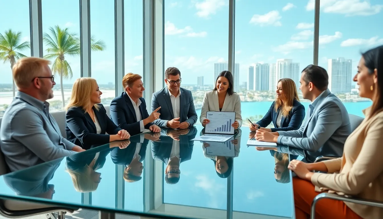 diverse team discussing Florida real estate market trends in a modern office.