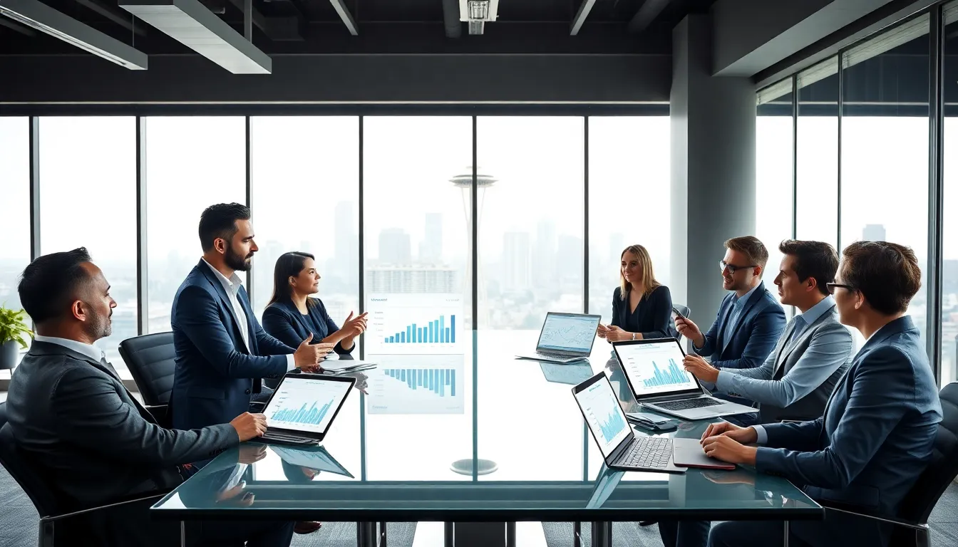 diverse real estate team collaborating in a modern Seattle office.