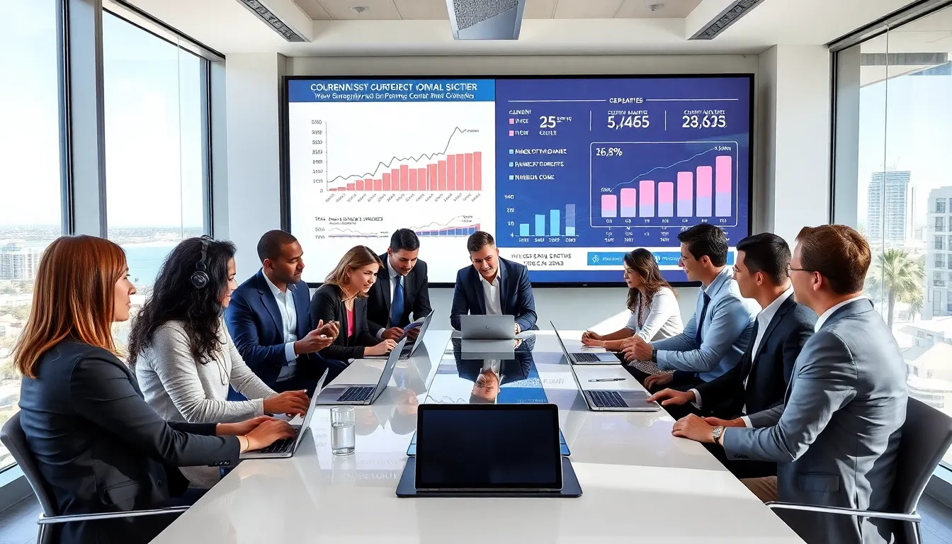 real estate team discussing market trends in a San Diego office.