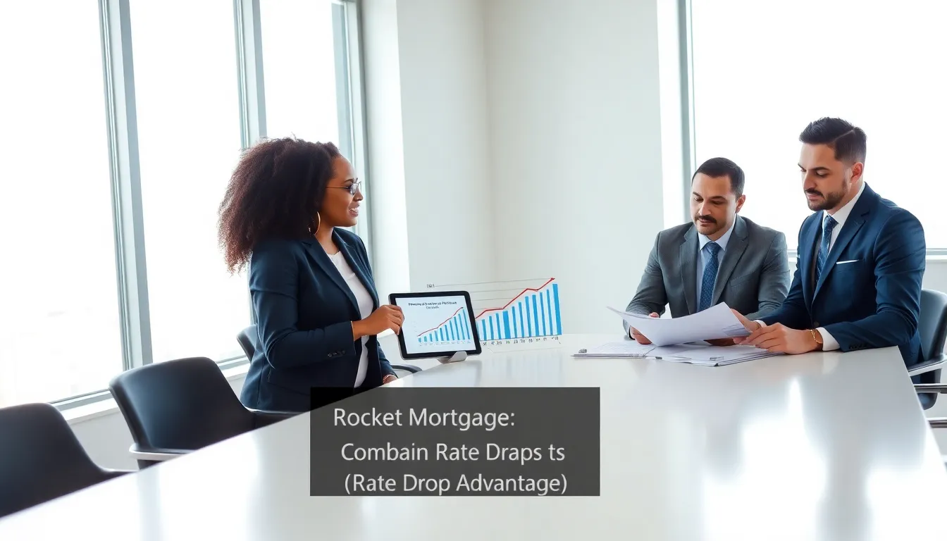 diverse professionals discussing mortgage rate drop advantages.